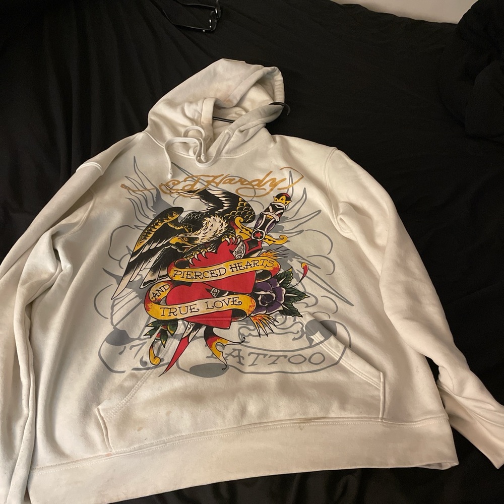 White Sweater with Colorful Graphic Design and Hood